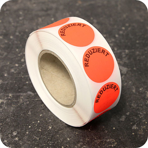 legatoria Bollini autoadesivi in tessuto con testo - Reduziert ROSSO FLUORESCENTE, diametro 30mm, adesivo permanente, in rotolo.