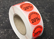 legatoria Bollini autoadesivi in tessuto con testo - Reduziert 20% ROSSO FLUORESCENTE, diametro 30mm, adesivo permanente, in rotolo LEG3389