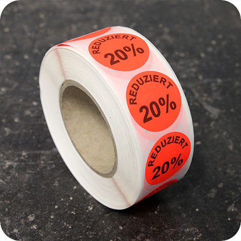 legatoria Bollini autoadesivi in tessuto con testo - Reduziert 20% ROSSO FLUORESCENTE, diametro 30mm, adesivo permanente, in rotolo.