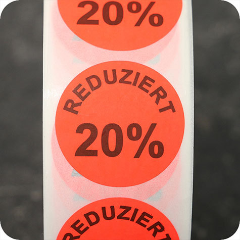 legatoria Bollini autoadesivi in tessuto con testo - Reduziert 20% ROSSO FLUORESCENTE, diametro 30mm, adesivo permanente, in rotolo.