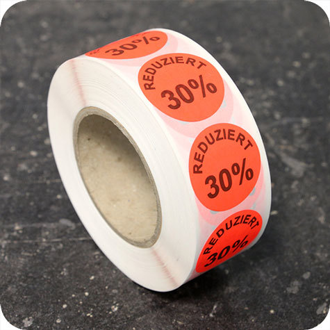 legatoria Bollini autoadesivi in tessuto con testo - Reduziert 30% ROSSO FLUORESCENTE, diametro 30mm, adesivo permanente, in rotolo.