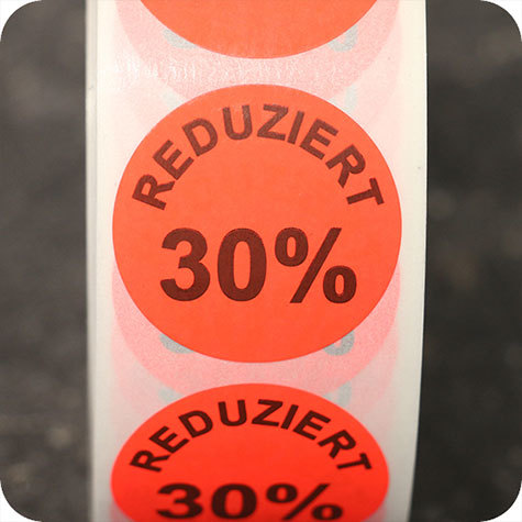 legatoria Bollini autoadesivi in tessuto con testo - Reduziert 30% ROSSO FLUORESCENTE, diametro 30mm, adesivo permanente, in rotolo.