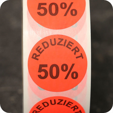 legatoria Bollini autoadesivi in tessuto con testo - Reduziert 50% ROSSO FLUORESCENTE, diametro 30mm, adesivo permanente, in rotolo.