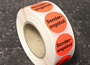 legatoria Bollini autoadesivi in tessuto con testo - Sonderangebot ROSSO FLUORESCENTE, diametro 30mm, adesivo permanente, in rotolo.