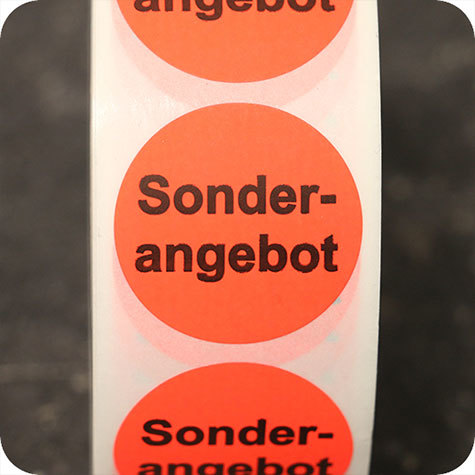 legatoria Bollini autoadesivi in tessuto con testo - Sonderangebot ROSSO FLUORESCENTE, diametro 30mm, adesivo permanente, in rotolo.