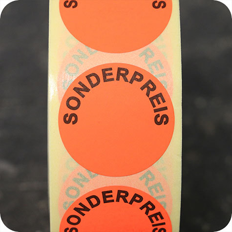 legatoria Bollini autoadesivi in tessuto con testo - Sonderpreis ROSSO FLUORESCENTE, diametro 30mm, adesivo permanente, in rotolo.