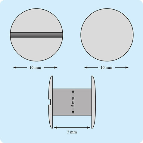 legatoria Viti sepolte rilegatura, RAMATE, 7mm lunghezza 7 mm, testa diametro 10mm, tubetto diametro 5mm, una testa fissa ed una mobile. Per lunghezza, si intende la distanza INTERNA tra le due teste, che corrisponde allo spessore del volume da rilegare.
