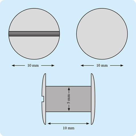 legatoria Viti sepolte rilegatura, RAMATE, 10mm lunghezza 10 mm, testa diametro 10mm, tubetto diametro 5mm, una testa fissa ed una mobile. Per lunghezza, si intende la distanza INTERNA tra le due teste, che corrisponde allo spessore del volume da rilegare.