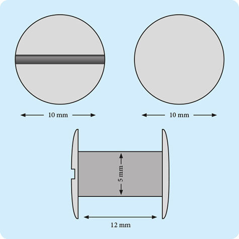 legatoria Viti sepolte rilegatura, RAMATE, 12mm lunghezza 12 mm, testa diametro 10mm, tubetto diametro 5mm, una testa fissa ed una mobile. Per lunghezza, si intende la distanza INTERNA tra le due teste, che corrisponde allo spessore del volume da rilegare.