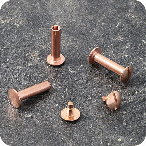 legatoria Viti sepolte rilegatura, RAMATE, 15mm lunghezza 15 mm, testa diametro 10mm, tubetto diametro 5mm, una testa fissa ed una mobile. Per lunghezza, si intende la distanza INTERNA tra le due teste, che corrisponde allo spessore del volume da rilegare.