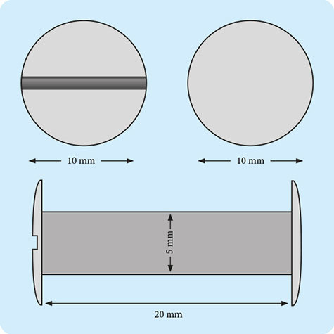 legatoria Viti sepolte rilegatura, RAMATE, 20mm lunghezza 20 mm, testa diametro 10mm, tubetto diametro 5mm, una testa fissa ed una mobile. Per lunghezza, si intende la distanza INTERNA tra le due teste, che corrisponde allo spessore del volume da rilegare.