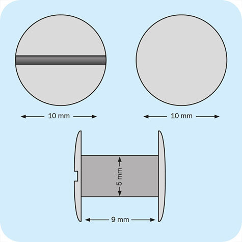 legatoria Viti sepolte rilegatura, INOX, 9mm lunghezza 9 mm, testa diametro 10mm, tubetto diametro 5mm, una testa fissa ed una mobile. Per lunghezza, si intende la distanza INTERNA tra le due teste, che corrisponde allo spessore del volume da rilegare.