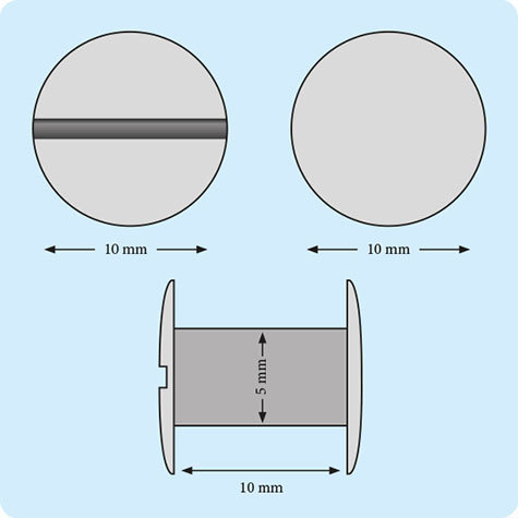 legatoria Viti sepolte rilegatura, INOX, 10mm lunghezza 10 mm, testa diametro 10mm, tubetto diametro 5mm, una testa fissa ed una mobile. Per lunghezza, si intende la distanza INTERNA tra le due teste, che corrisponde allo spessore del volume da rilegare.