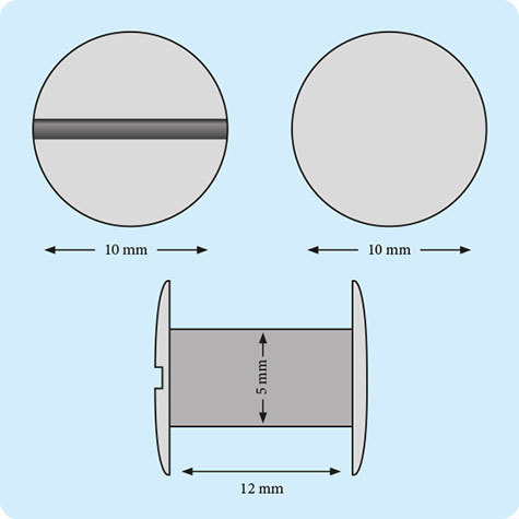 legatoria Viti sepolte rilegatura, INOX, 12mm lunghezza 12 mm, testa diametro 10mm, tubetto diametro 5mm, una testa fissa ed una mobile. Per lunghezza, si intende la distanza INTERNA tra le due teste, che corrisponde allo spessore del volume da rilegare.