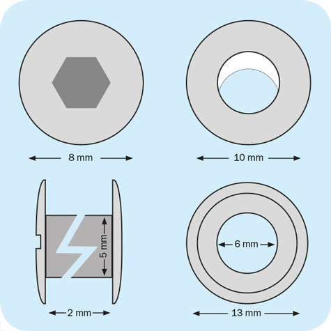 legatoria Viti sepolte con rondella, 2mm NICHELATE, lunghezza 2 mm, testa diametro 10mm, tubetto diametro 5mm, una testa fissa ed una mobile. Per lunghezza, si intende la distanza INTERNA tra le due teste. Misure rondella interna: 6mm. Esterna: 13mm .