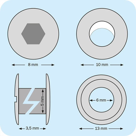 legatoria Viti sepolte con rondella. 3.5mm NICHELATE, lunghezza 3.5 mm, testa diametro 10mm, tubetto diametro 5mm, una testa fissa ed una mobile. Per lunghezza, si intende la distanza INTERNA tra le due teste. Misure rondella interna: 6mm. Esterna: 13mm .