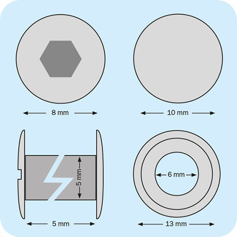 legatoria Viti sepolte con rondella. 5mm NICHELATE, lunghezza 5 mm, testa diametro 10mm, tubetto diametro 5mm, una testa fissa ed una mobile. Per lunghezza, si intende la distanza INTERNA tra le due teste. Misure rondella interna: 6mm. Esterna: 13mm .