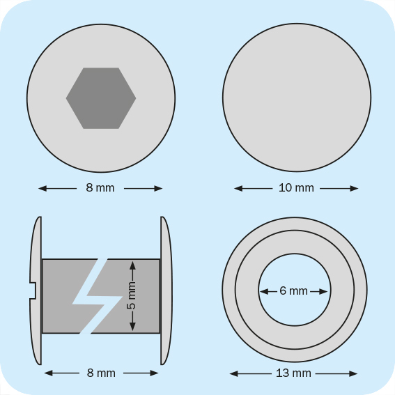 legatoria Viti sepolte con rondella. 8mm NICHELATE, lunghezza 8 mm, testa diametro 10mm, tubetto diametro 5mm, una testa fissa ed una mobile. Per lunghezza, si intende la distanza INTERNA tra le due teste. Misure rondella interna: 6mm. Esterna: 13mm .