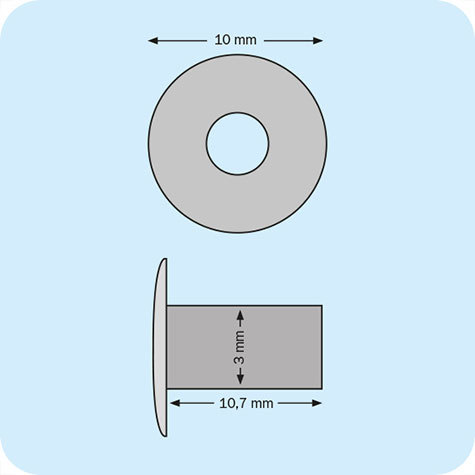 legatoria Olgo per teste tipo A NICHELATO, base aperta. Base diametro: 10 mm, asta diametro: 3 mm, asta lunga: 10.7 mm, spessore rivettabile: 2-7 mm.