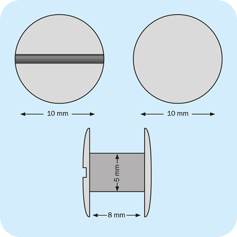 legatoria Viti sepolte rilegatura verniciate 8mm BIANCO, in metallo verniciato, lunghezza mm 8. Testa diametro 10mm, tubetto diametro 5mm, una testa fissa ed una mobile. Per lunghezza, si intende la distanza INTERNA tra le due teste, che corrisponde allo spessore del volume da rilegare.