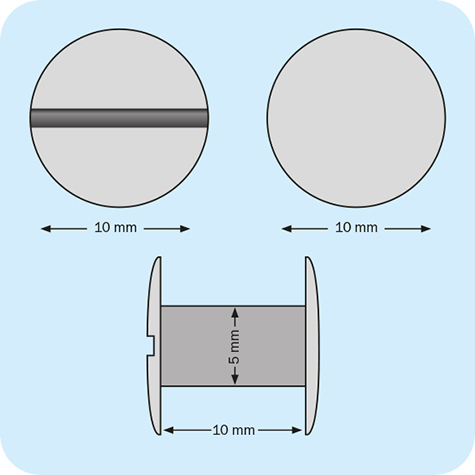 legatoria Viti sepolte rilegatura verniciate 10mm BIANCO, in metallo verniciato, lunghezza mm 10. Testa diametro 10mm, tubetto diametro 5mm, una testa fissa ed una mobile. Per lunghezza, si intende la distanza INTERNA tra le due teste, che corrisponde allo spessore del volume da rilegare.