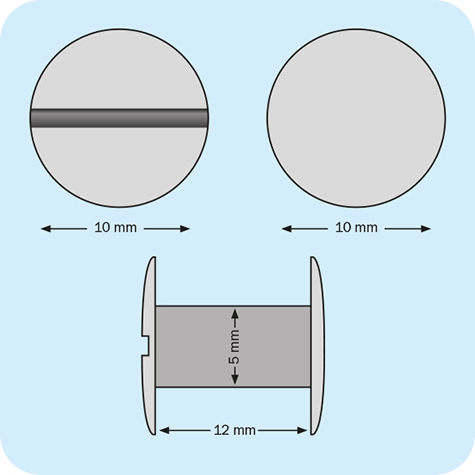 legatoria Viti sepolte rilegatura verniciate 12mm BIANCO, in metallo verniciato, lunghezza mm 12. Testa diametro 10mm, tubetto diametro 5mm, una testa fissa ed una mobile. Per lunghezza, si intende la distanza INTERNA tra le due teste, che corrisponde allo spessore del volume da rilegare.