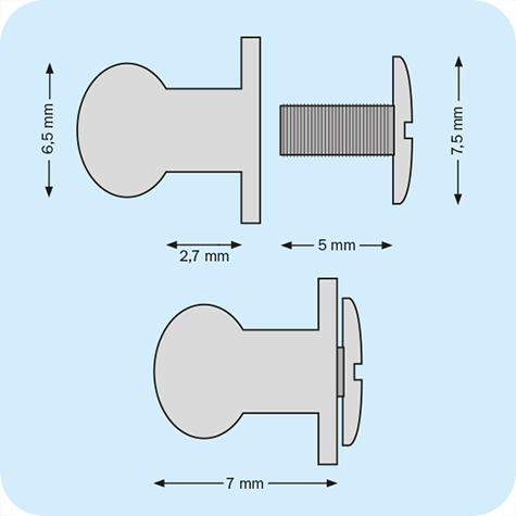 legatoria Perno Sam Browne, pomello 7mm NICHELATO. Profondit totale pomello 7mm, testa pomello diametro 6.5mm.