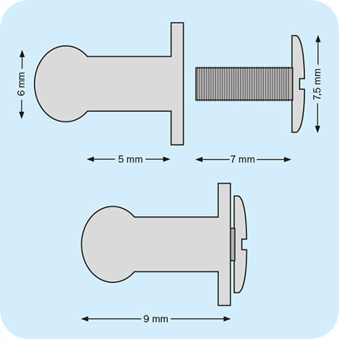 legatoria Perno Sam Browne, pomello 9mm NICHELATO. Profondit totale pomello 9mm, testa pomello diametro 6mm.