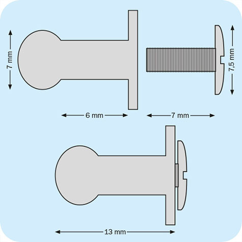 legatoria Perno Sam Browne, pomello 13mm NICHELATO. Profondit totale pomello 13mm, testa pomello diametro 7mm.
