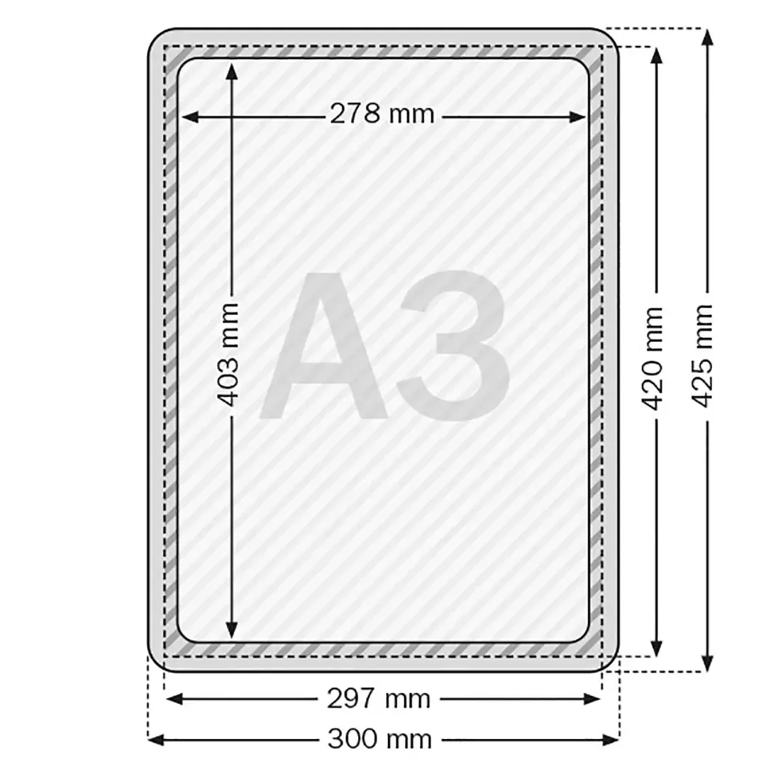 legatoria CornicePerLocandina, A3(297x420mm), TRASPARENTE Cornici di Plastica per cartelli o locandine. Dimensioni esterne 300x425mm, dimensioni riquadro interno 278x403mm. Angoli arrotondati..