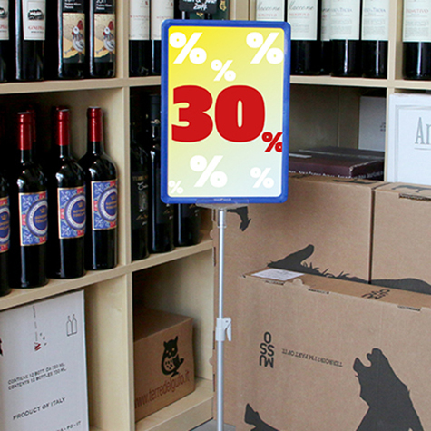 legatoria Locandina con piantana A4, BLU Asta in alluminio, regolabile da 30 a 50cm. Base: 210x160mm.