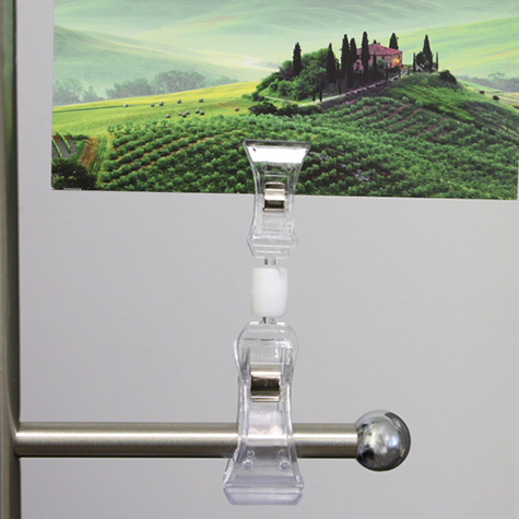 legatoria Doppia molletta Piccola-Grande altezza 115mm TRASPARENTE in policarbonato. Composta da 2 mollette, 1 PICCOLA (38x21mm) e 1 GRANDE (63x25mm) collegate da giunto a sfera. Altezza totale 115mm.