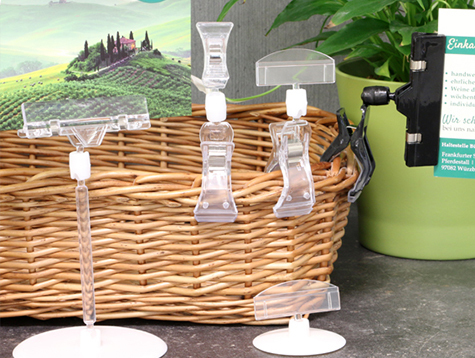 legatoria Doppia molletta Piccola-Grande altezza 115mm TRASPARENTE in policarbonato. Composta da 2 mollette, 1 PICCOLA (38x21mm) e 1 GRANDE (63x25mm) collegate da giunto a sfera. Altezza totale 115mm.