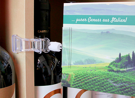 legatoria Doppia molletta GRANDE-Portacartellino altezza 98mm TRASPARENTE in policarbonato. Composta da 2 mollette, 1 GRANDE (58x25mm) e 1 PORTACARTELLINO (50x15mm) collegate da giunto a sfera. Altezza totale 98mm.