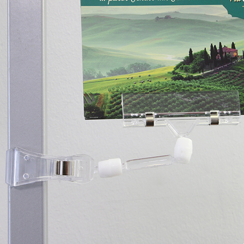 legatoria Doppia molletta GRANDE-PortacartellinoGRANDE altezza 160mm TRASPARENTE in policarbonato. Composta da 2 mollette, 1 GRANDE (58x25mm) e 1 PORTACARTELLINOgrande (80x15mm) collegate da DOPPIO giunto a sfera e gambetto da 38mmc . Altezza totale 160mm.