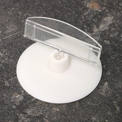 legatoria Porta cartellino con clip 55x50mm TRASPARENTE. Con base cilindrica  AUTOADESIVA di 55mm e clip di ancoraggio snodabile. Altezza 50mm.