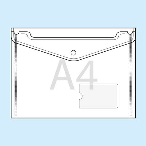 legatoria Busta bottone, A4, card-pocket TRASPARENTE, in polipropilene da 180 micron, aperta sul lato lungo, formato A4 (210x297mm). Con patella di chiusura a bottone e tasca porta biglietto da visita..