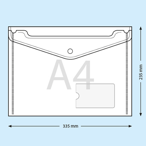legatoria Busta bottone, A4, card-pocket TRASPARENTE, in polipropilene da 180 micron, aperta sul lato lungo, formato A4 (210x297mm). Con patella di chiusura a bottone e tasca porta biglietto da visita..