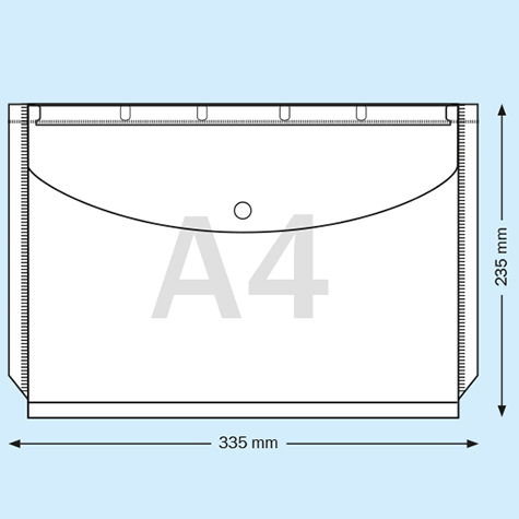 legatoria Busta bottone, A4, con soffietto TRASPARENTE, in polipropilene da 180 micron, aperta sul lato lungo, formato A4 (210x297mm). Con patella di chiusura a bottone e soffietto per una capienza fino a 300 fogli..