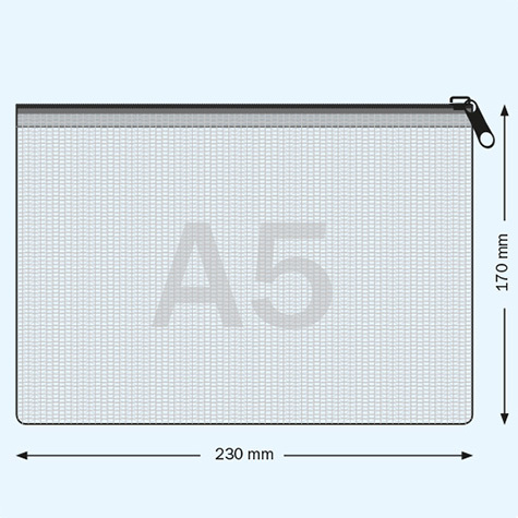 legatoria Busta A5, rinforzata con cursore TRASPARENTE, 230x170mm, in polietilene da 220 micron, rinforzata con fibre di Nylon, aperti sul lato lungo, con cerniera BLU per chiusura .