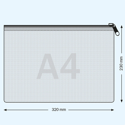legatoria Busta A4, rinforzata con cursore TRASPARENTE, 320x230mm, in polietilene da 220 micron, rinforzata con fibre di Nylon, aperti sul lato lungo, con cerniera BLU per chiusura .