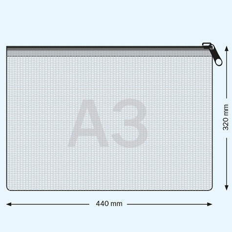 legatoria Busta A3, rinforzata con cursore TRASPARENTE, 440x320mm, in polietilene da 220 micron, rinforzata con fibre di Nylon, aperti sul lato lungo, con cerniera BLU per chiusura .