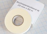 legatoria Nastro riparazione pagine 50gr/m, BIANCO Nastro in carta per riparare il libro. Altezza 20mm. Adesivo permanente (acrylate) In carta speciale da 520 gr/m Colour highly transparent Amount per reel dispenser with 50 m.