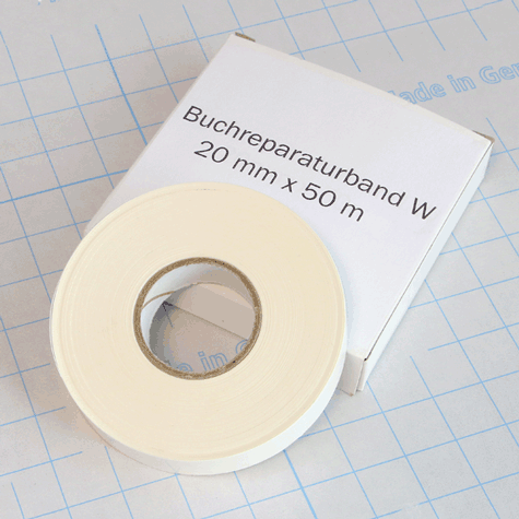 legatoria Nastro riparazione pagine 50gr-m�, BIANCO Nastro in carta per riparare il libro. Altezza 20mm. Adesivo permanente (acrylate) In carta speciale da 520 gr-m� Colour highly transparent Amount per reel dispenser with 50 m.