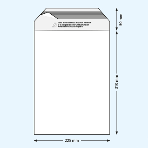 legatoria Sacchetto biodegradabile, chiusura autoadesiva, 225x310mm TRASPARENTE, in polipropilene riciclato da 50 micron, con patella da 50mm e banda autoadesiva di chiusura sul lato corto, biodegradabile.