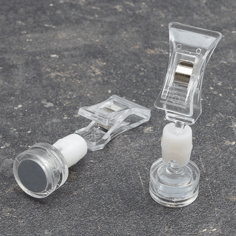 legatoria Molletta magnetica, con snodo sferico TRASPARENTE, con snodo sferico. Dimensioni: moresetto 40mm, piastra con magnete 20mm, altezza totale 70mm..