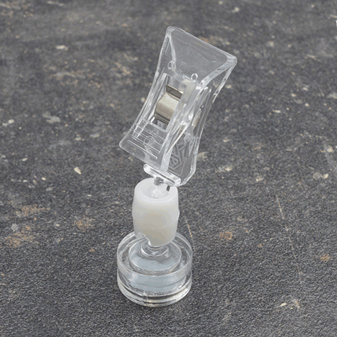 legatoria Molletta magnetica, con snodo sferico TRASPARENTE, con snodo sferico. Dimensioni: moresetto 40mm, piastra con magnete 20mm, altezza totale 70mm..