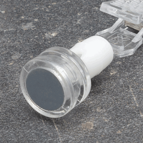 legatoria Molletta magnetica, con snodo sferico TRASPARENTE, con snodo sferico. Dimensioni: moresetto 40mm, piastra con magnete 20mm, altezza totale 70mm..