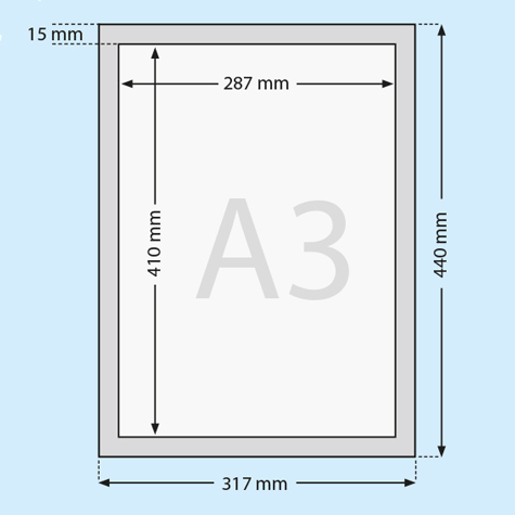 legatoria Cornice autoadesiva magnetica, BLU, A3 AUTOADESIVA mediante nastro biadesivo in schiuma di PE, largo: 15mm, spessore: 1mm. Il foglio protettivo trasparente antiriflesso  adeso con nastro magnetico di larghezza 7 mm. Per fogli di dimensione A3(420x297mm). Dimensioni esterne: 440x317 mm. Area visibile: 410x287mm. Altezza profilo: 25mm..