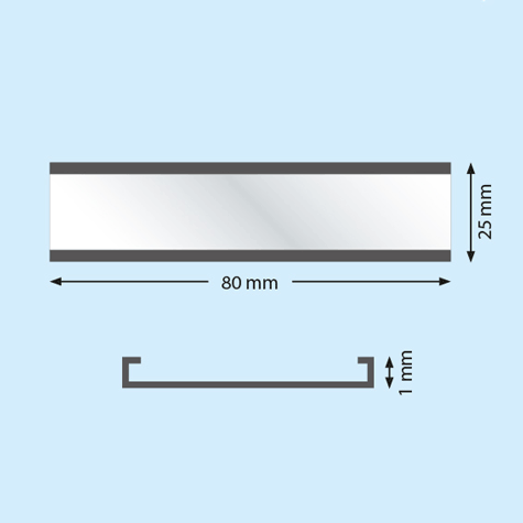 legatoria Porta etichette magnetico 25x80mm Altezza 25mm, lunghezza 80mm, spessore 1mm. Il porta etichette include l'etichetta in carta e una pellicola protettiva trasparente. Magnete isotropo.